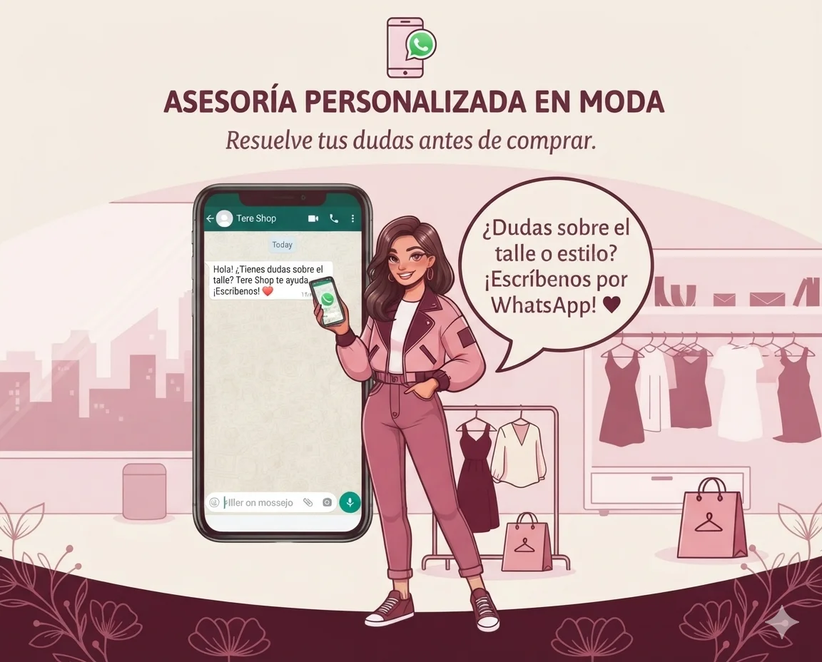 Banner de consulta por WhatsApp Tereshop: captura de un chat resolviendo dudas sobre un vestido (tela, tallas, colores disponibles) y una clienta sonriendo con el celular — "Resolvemos tus dudas, te ayudamos con las tallas, te enviamos fotos y más detalles"